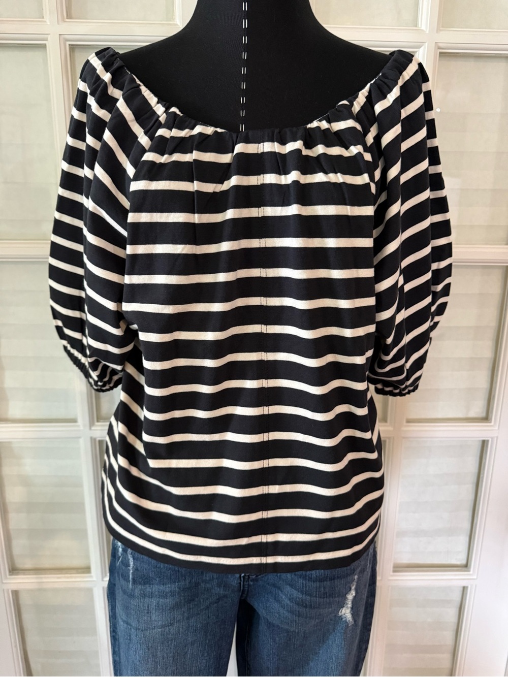 J. Crew Black and White Striped Off-Shoulder Blouse